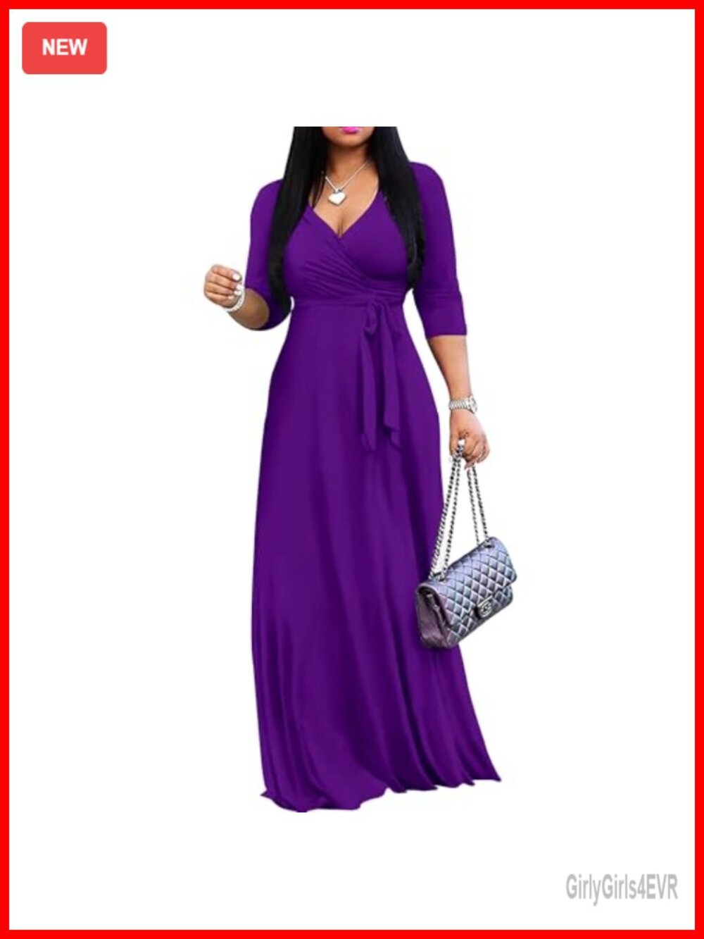 Plus Size Maxi Wrap Dress V-Neck 3/4 Sleeve Belted Sundress